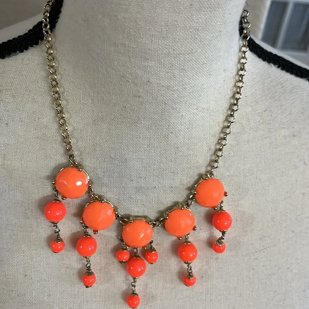 J.Crew bright orange beads with gold tone  statement necklace 9.5”